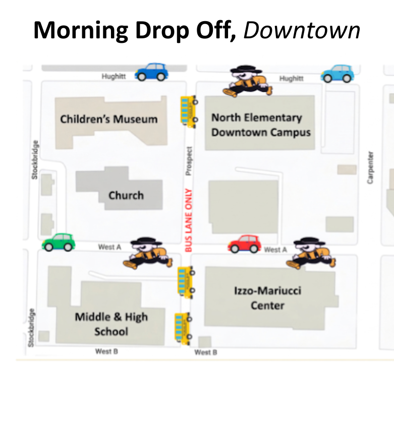 An aerial layout illustrating morning drop-off routes around the Iron Mountain downtown campus:  Bus Lane: A central line along Prospect Ave marked "BUS LANE ONLY" running between West B St and Hughitt St, designated for yellow school buses.  Drop-Off Routes:  Cars line up on Hughitt St facing east toward the North Elementary Downtown Campus, as well as along Stockbridge Ave and West A St heading east toward the Middle & High School and Izzo-Mariucci Center.  Mascot icons mark key drop-off zones along West A St and near North Elementary.  Surrounding Landmarks: Children's Museum (northwest), Church (west), Middle & High School (southwest), Izzo-Mariucci Center (southeast), and North Elementary Downtown Campus (northeast).